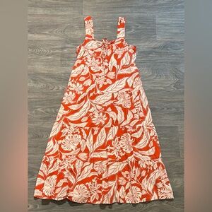 Who What Wear Linen Lace Up Midi Tank Dress Orange White Floral Tropical Small